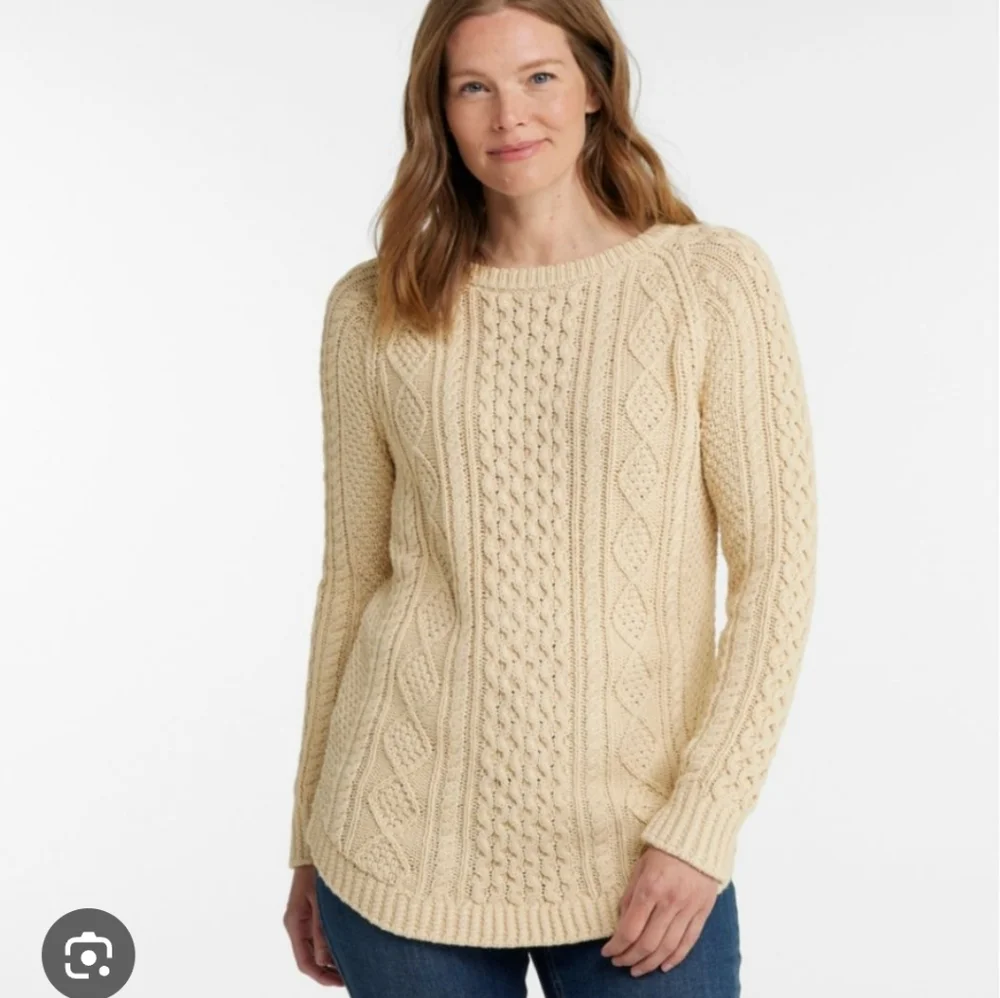 LL BEAN SIGNATURE FISHERMEN Cream Cable Knit Sweater Coastal Nautical Wool